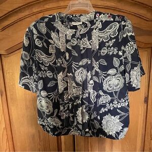 Womens Alfred Dunner Dressy Navy Blue White Blouse Pleated Front Elastic Waist